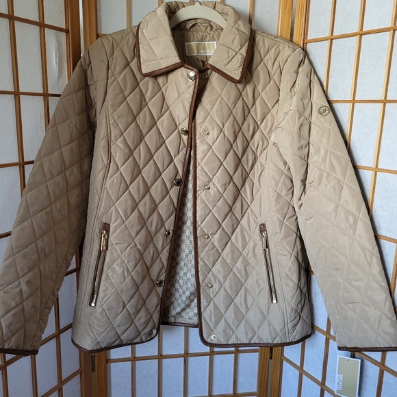 Michael Kors Jackets & Blazers - NWT WOMENS MICHAEL KORS QUILTED KHAKI BUTTONS/ POCKETS LEATHER TRIM JACKET LARGE